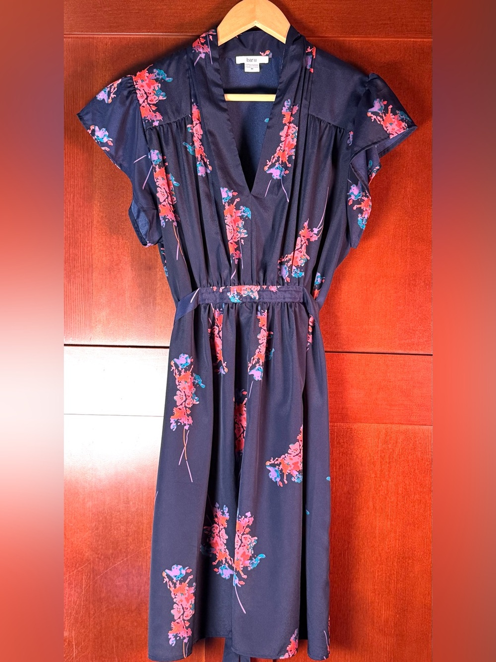 Bar III Floral Kimono Midi Dress M Navy Belted Flutter Sleeve Boho